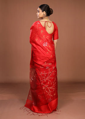 Red Handloom Matka Pure Silk Saree With Blouse Piece