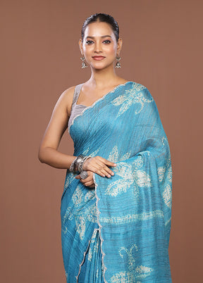 Blue Handloom Matka Pure Silk Saree With Blouse Piece
