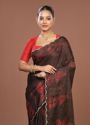 Brown Handloom Matka Pure Silk Saree With Blouse Piece
