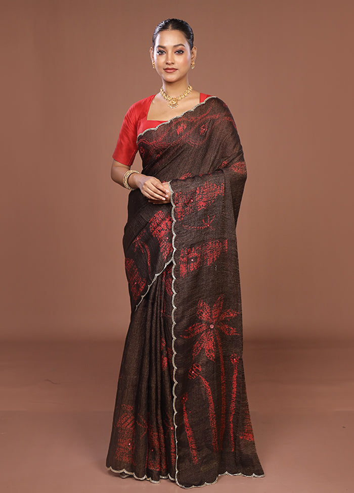 Brown Handloom Matka Pure Silk Saree With Blouse Piece