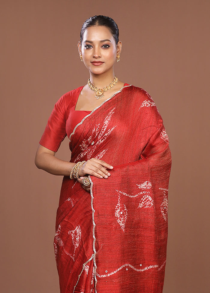Red Handloom Matka Pure Silk Saree With Blouse Piece