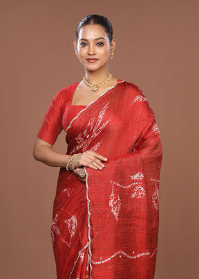 Red Handloom Matka Pure Silk Saree With Blouse Piece