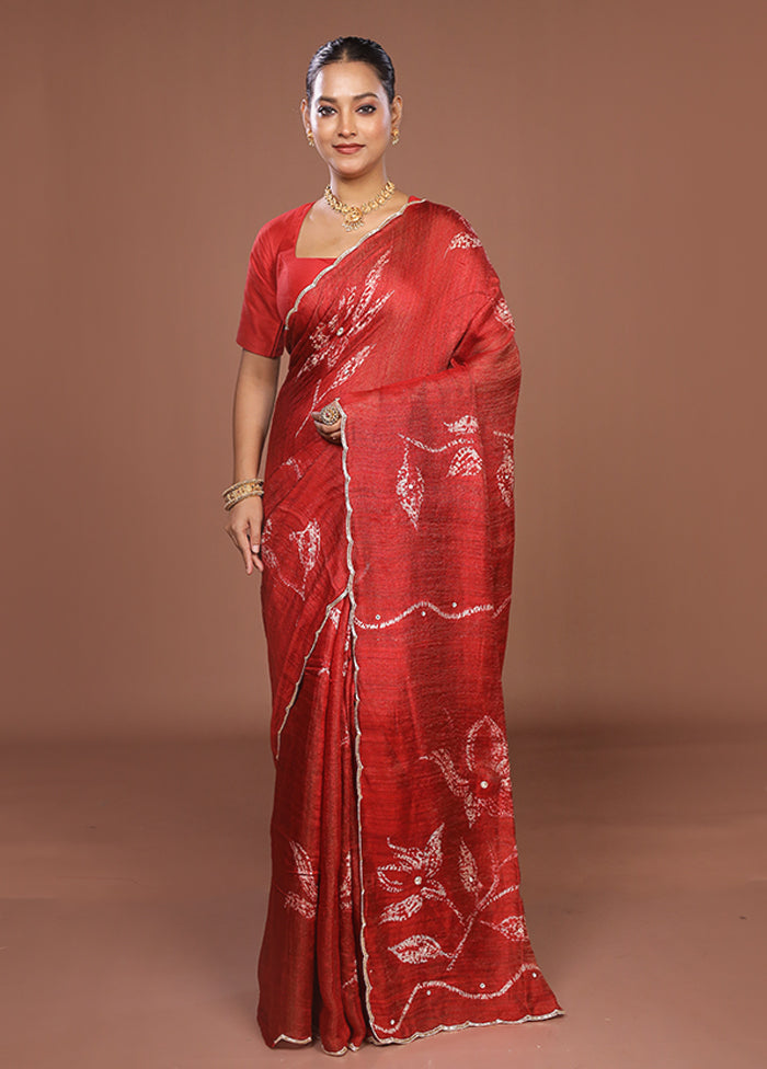 Red Handloom Matka Pure Silk Saree With Blouse Piece
