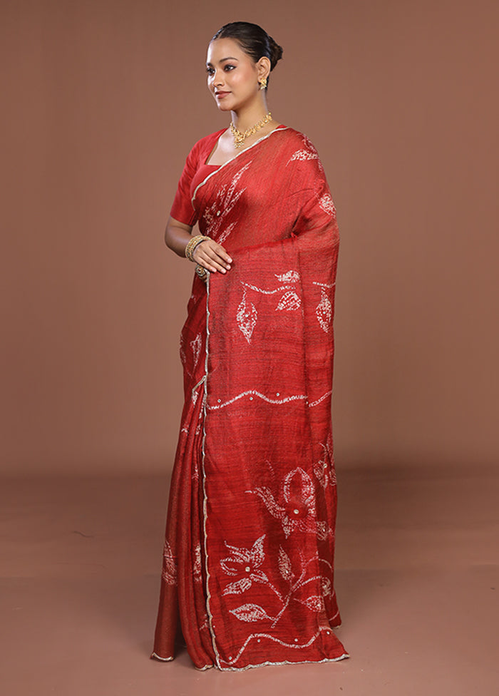 Red Handloom Matka Pure Silk Saree With Blouse Piece