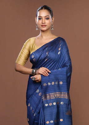 Blue Handloom Matka Pure Silk Saree With Blouse Piece