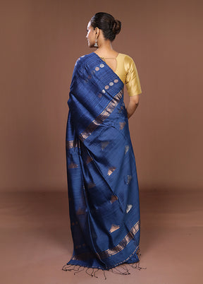 Blue Handloom Matka Pure Silk Saree With Blouse Piece
