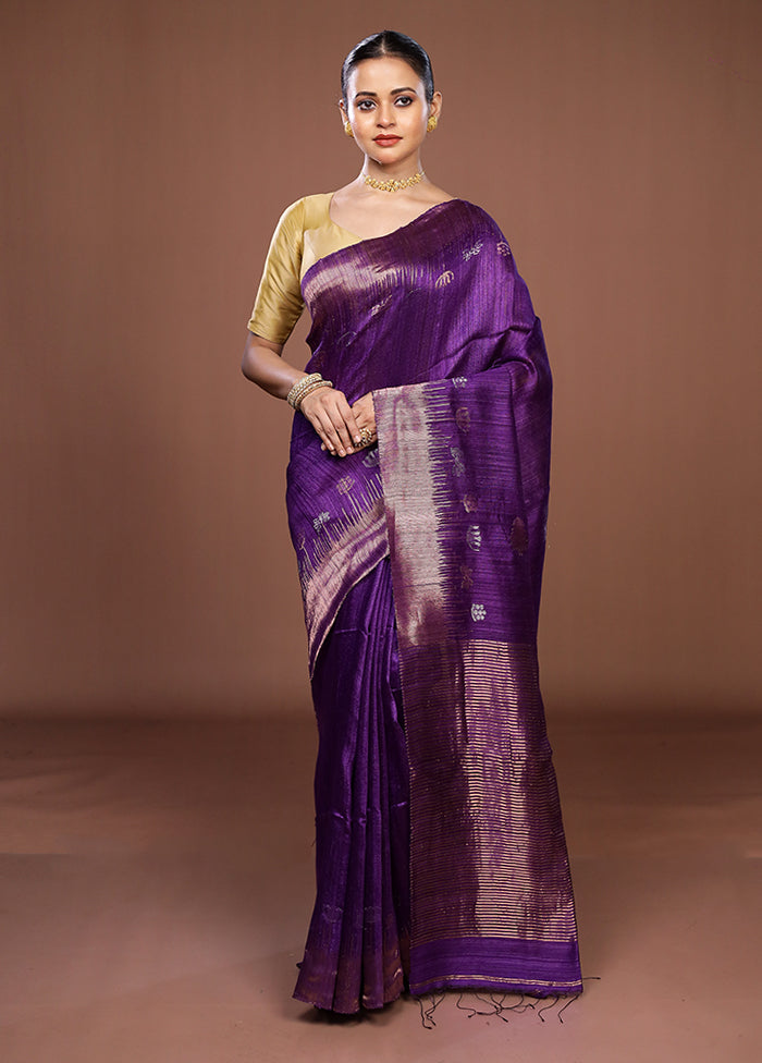 Purple Handloom Matka Pure Silk Saree With Blouse Piece