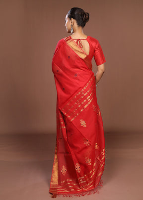 Red Handloom Matka Pure Silk Saree With Blouse Piece