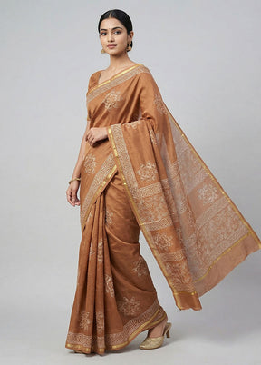 Brown Chanderi Silk Saree With Blouse Piece