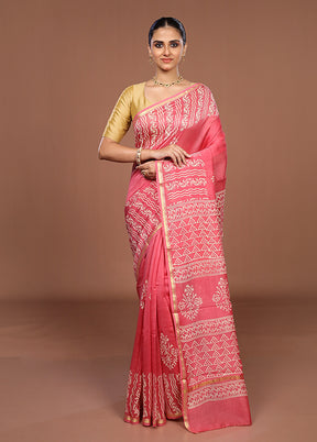 Pink Chanderi Silk Saree With Blouse Piece