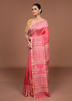 Pink Chanderi Silk Saree With Blouse Piece