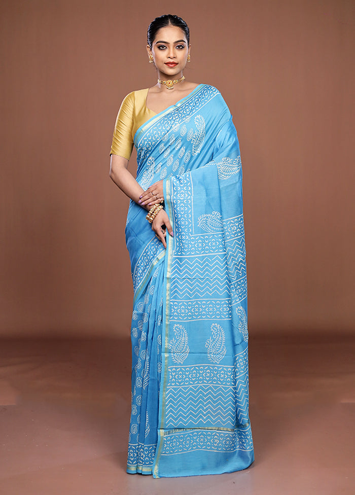 Blue Chanderi Silk Saree With Blouse Piece