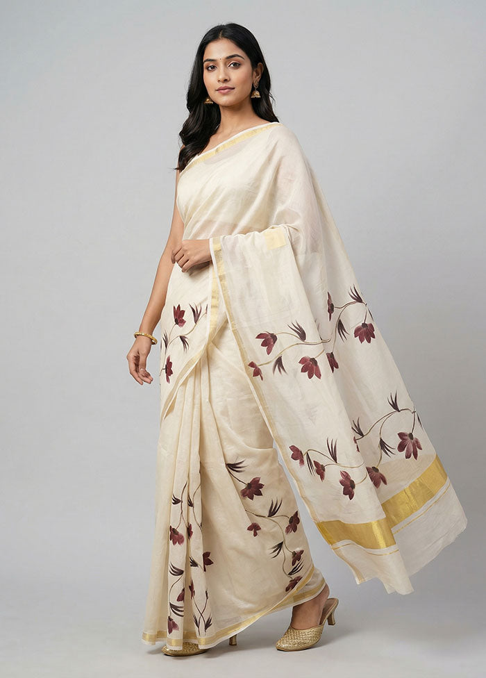 White Chanderi Silk Saree With Blouse Piece