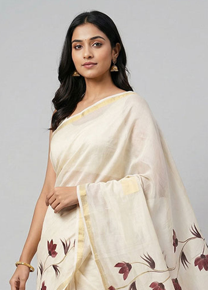White Chanderi Silk Saree With Blouse Piece
