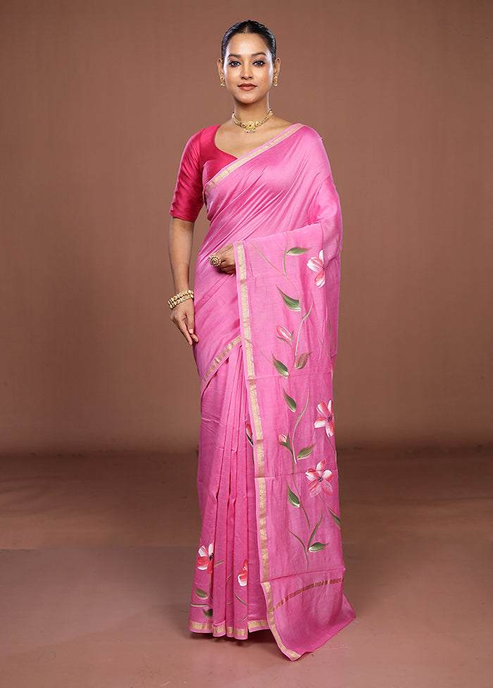 Pink Chanderi Silk Saree With Blouse Piece