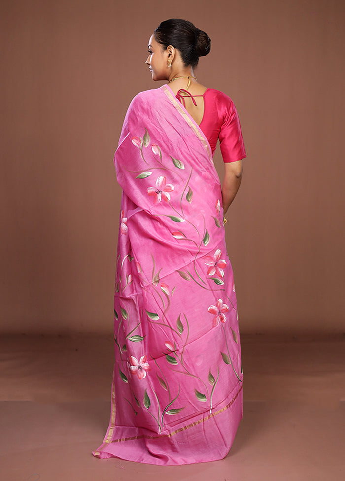 Pink Chanderi Silk Saree With Blouse Piece