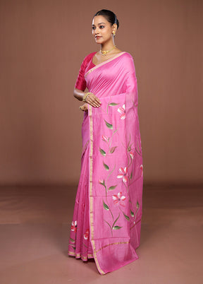 Pink Chanderi Silk Saree With Blouse Piece