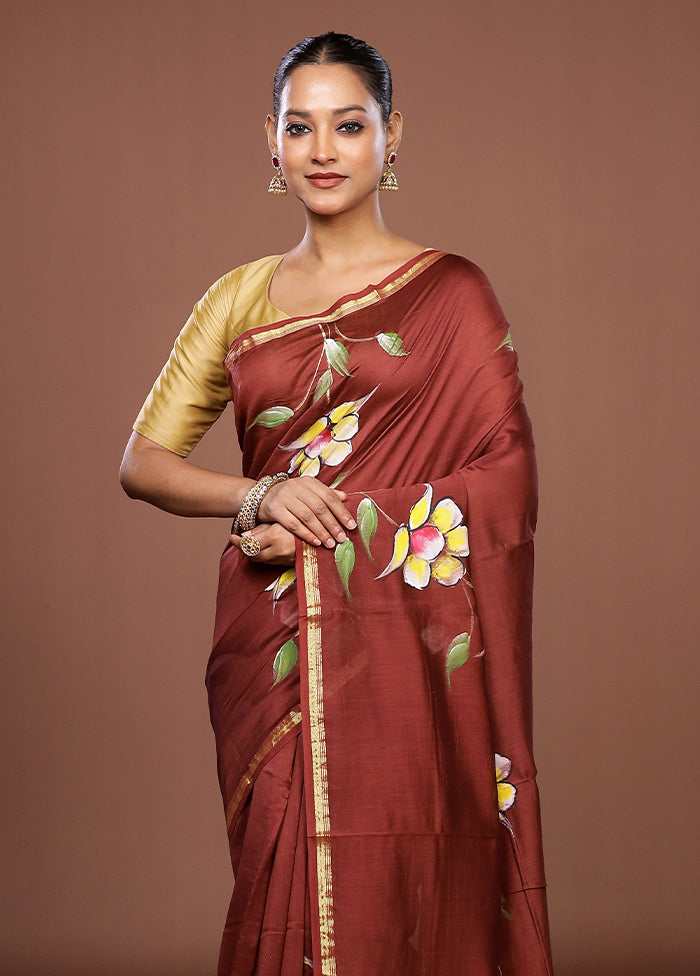 Brown Chanderi Silk Saree With Blouse Piece