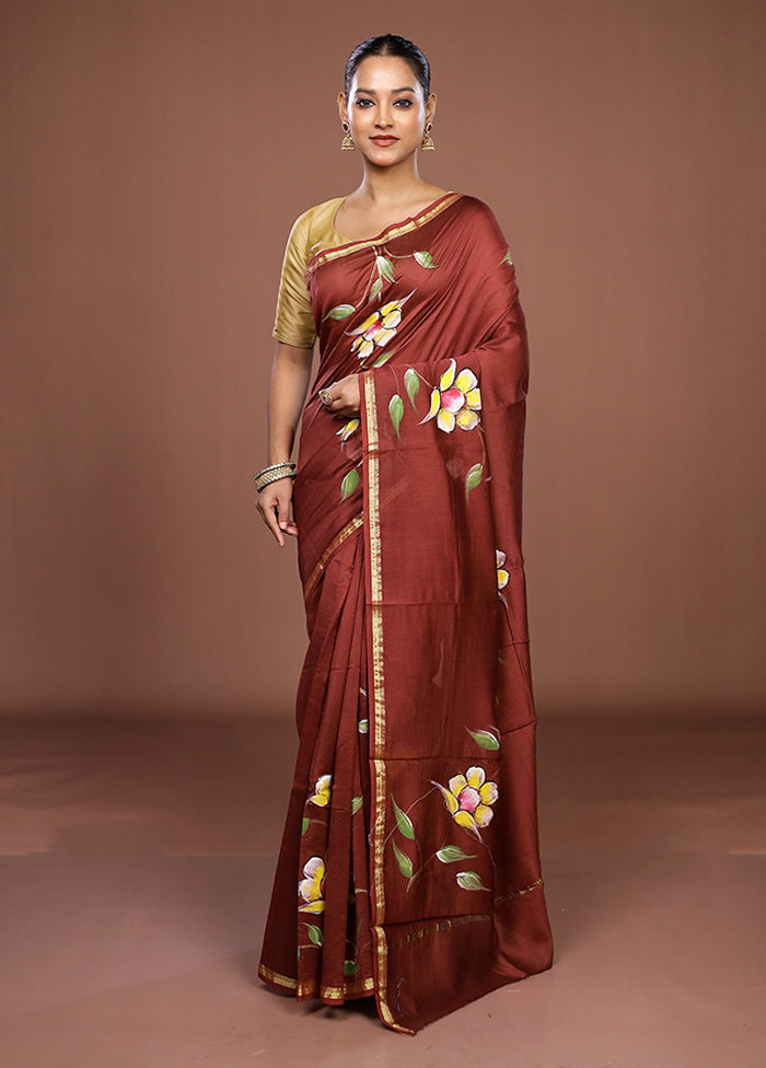 Brown Chanderi Silk Saree With Blouse Piece