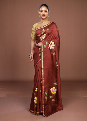 Brown Chanderi Silk Saree With Blouse Piece
