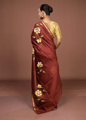 Brown Chanderi Silk Saree With Blouse Piece