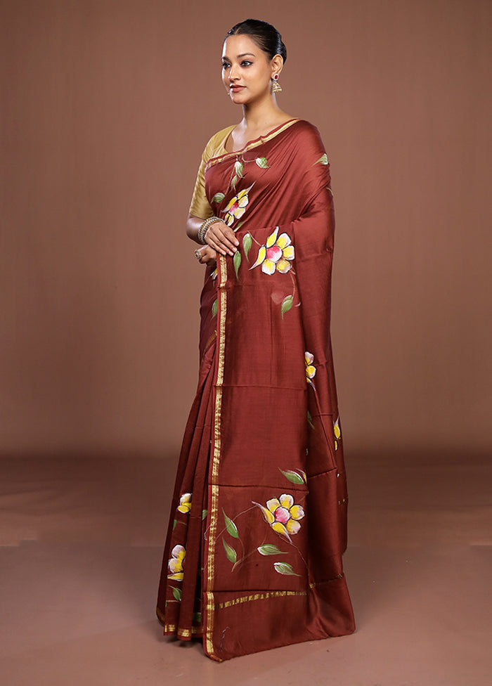 Brown Chanderi Silk Saree With Blouse Piece