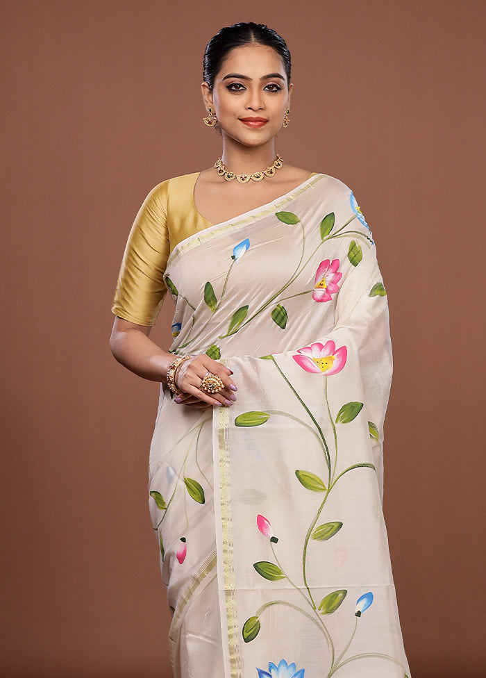 White Chanderi Silk Saree With Blouse Piece