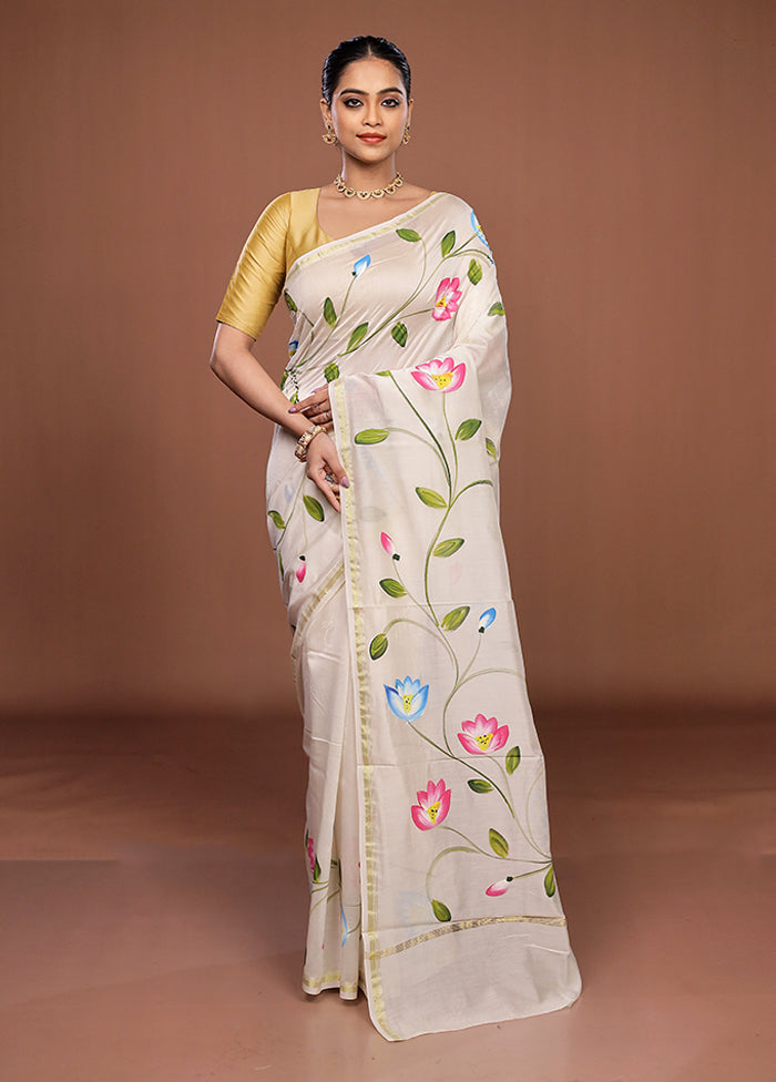 White Chanderi Silk Saree With Blouse Piece