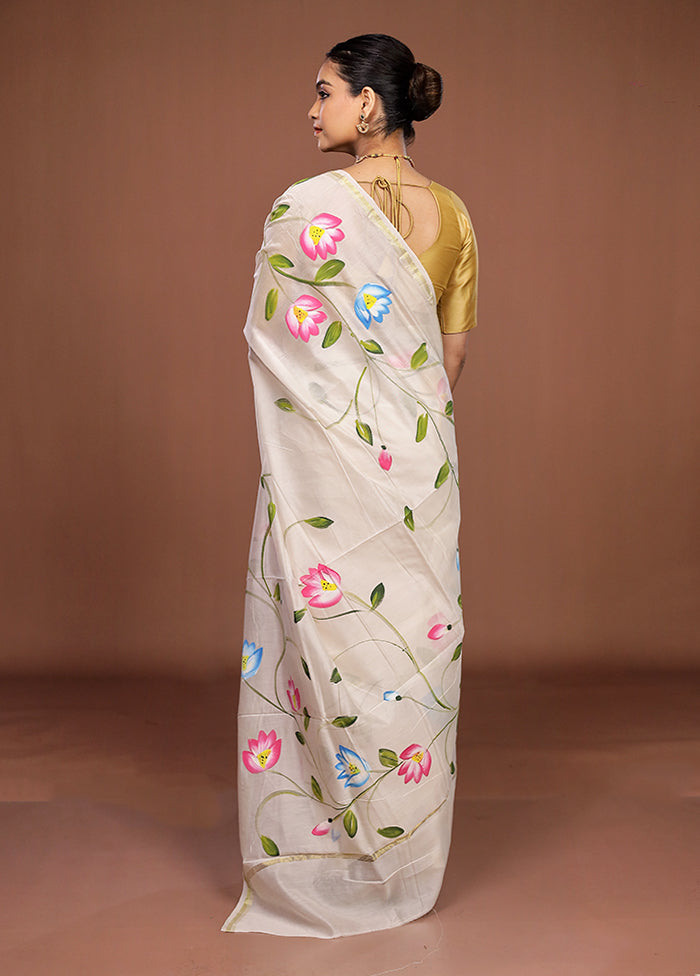 White Chanderi Silk Saree With Blouse Piece