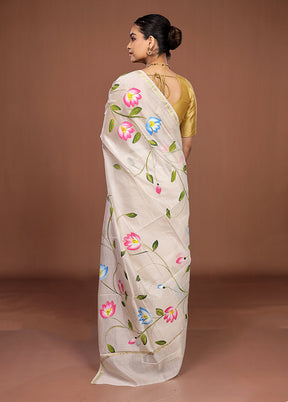 White Chanderi Silk Saree With Blouse Piece