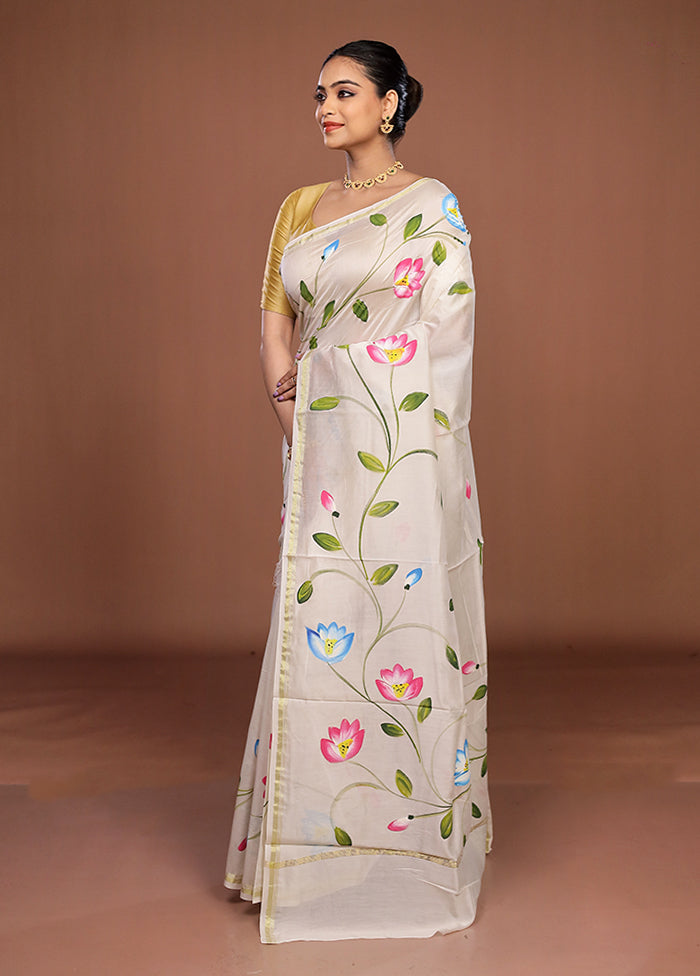 White Chanderi Silk Saree With Blouse Piece