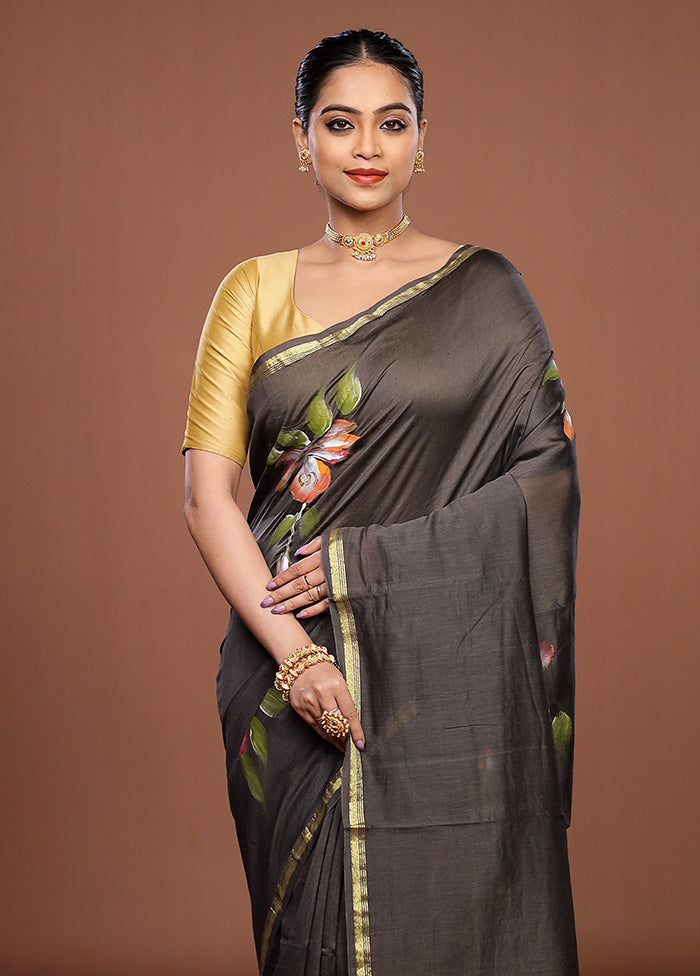 Black Chanderi Silk Saree With Blouse Piece