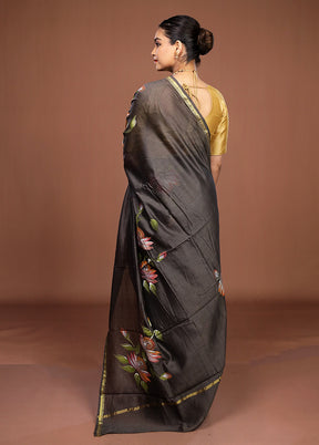 Black Chanderi Silk Saree With Blouse Piece