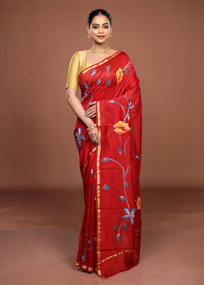 Red Chanderi Silk Saree With Blouse Piece