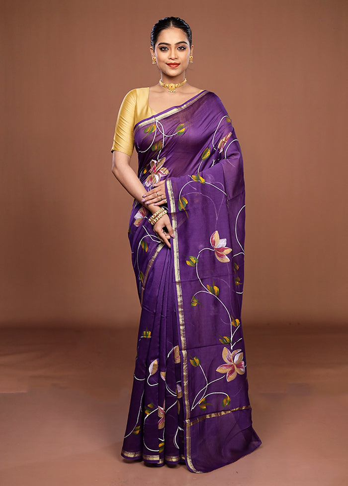 Purple Chanderi Silk Saree With Blouse Piece