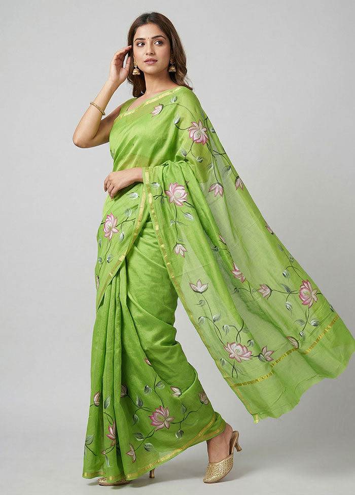 Green Chanderi Silk Saree With Blouse Piece