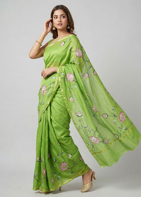 Green Chanderi Silk Saree With Blouse Piece