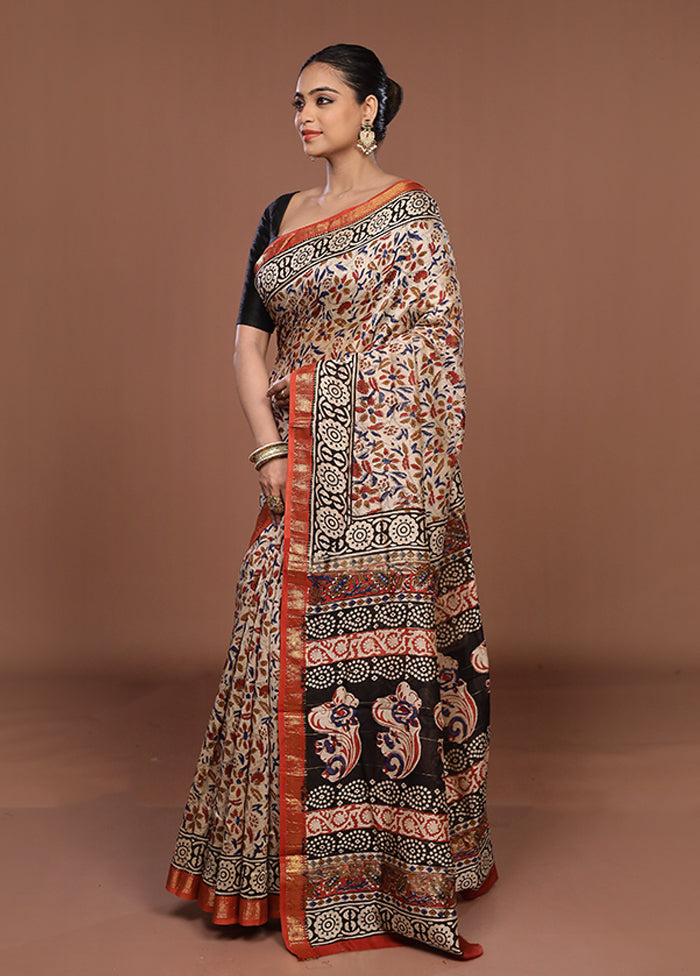 White Chanderi Silk Saree With Blouse Piece