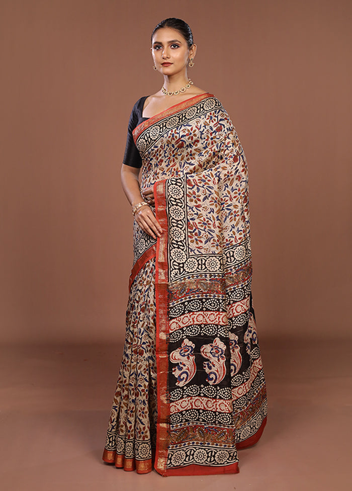Cream Chanderi Silk Saree With Blouse Piece