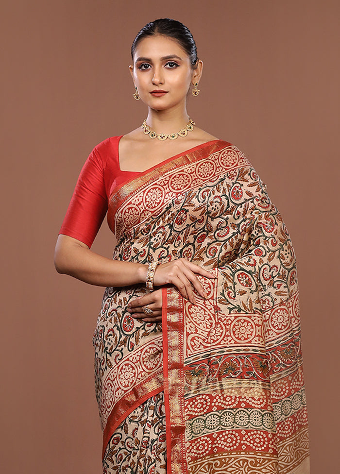 Cream Chanderi Silk Saree With Blouse Piece