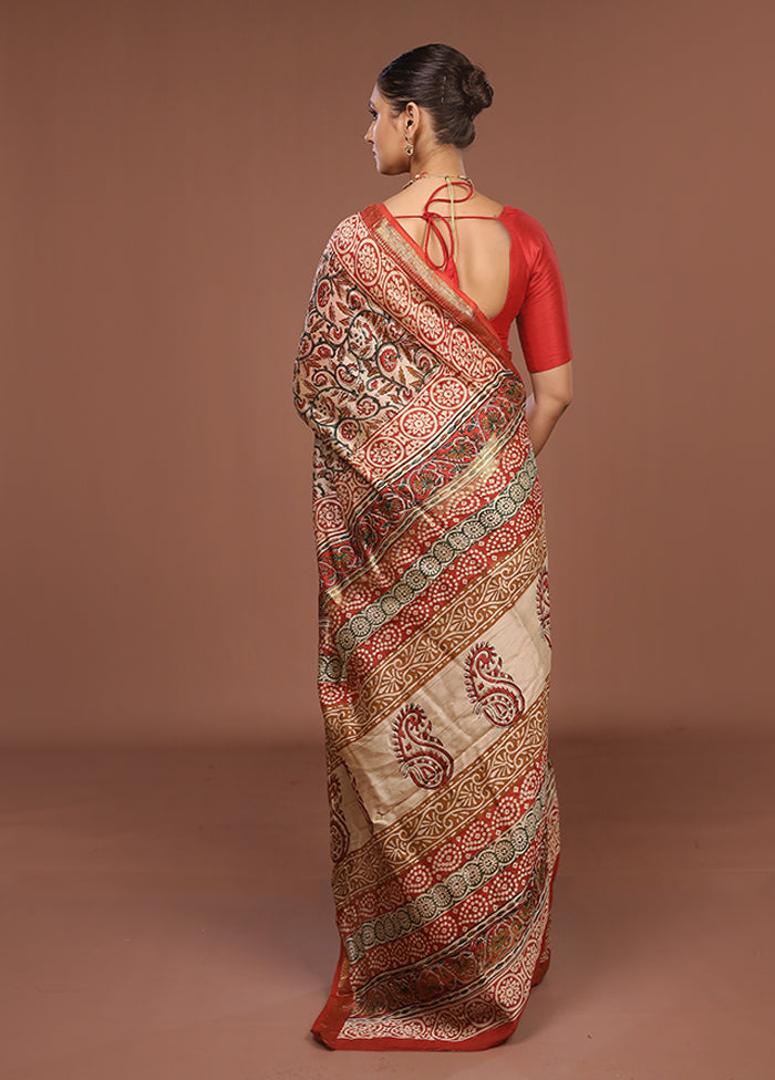 Cream Chanderi Silk Saree With Blouse Piece