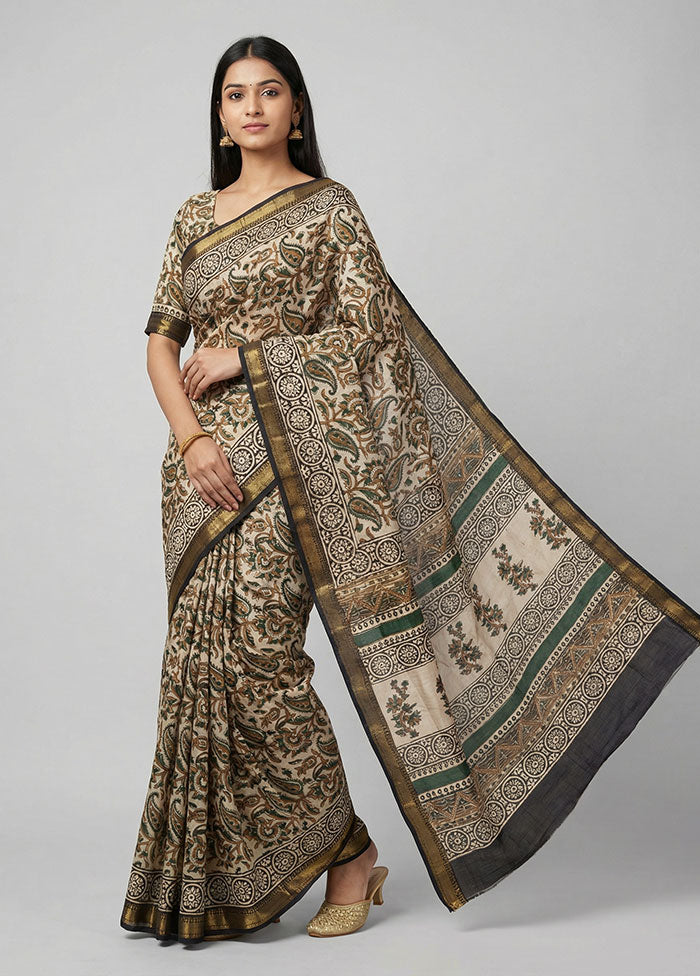 Cream Chanderi Silk Saree With Blouse Piece