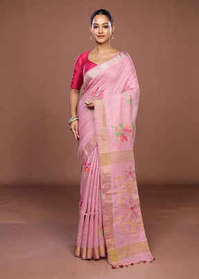 Pink Linen Silk Saree With Blouse Piece