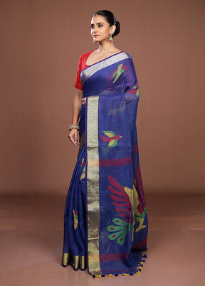 Blue Linen Silk Saree With Blouse Piece