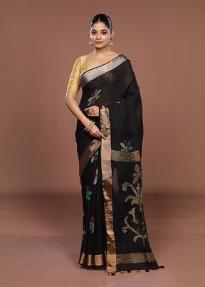 Black Linen Silk Saree With Blouse Piece