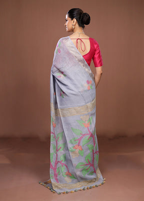 Grey Linen Silk Saree With Blouse Piece