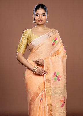 Peach Linen Silk Saree With Blouse Piece