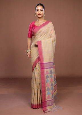 Cream Matka Silk Saree With Blouse Piece