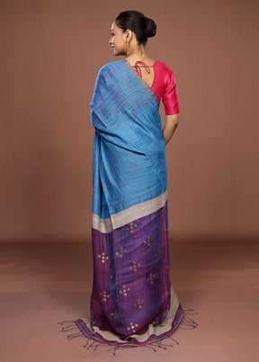 Blue Handloom Matka Pure Silk Saree With Blouse Piece