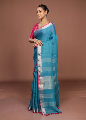 Blue Linen Silk Saree With Blouse Piece